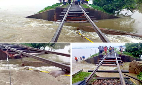 পানির স্রোতে মোহনগঞ্জে ব্রিজ ভেঙে ঢাকার সাথে রেল যোগাযোগ বিছিন্ন